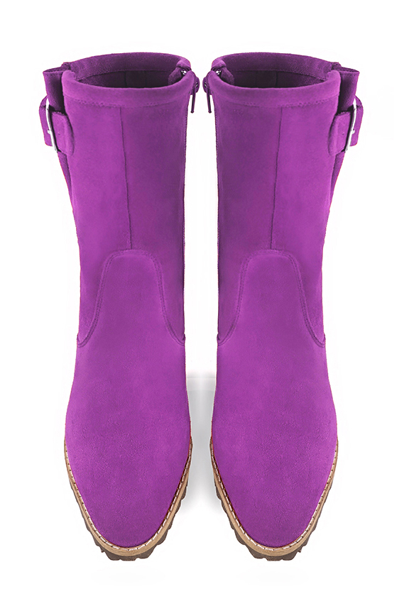 Mauve purple women's ankle boots with buckles on the sides. Round toe. Medium block heels. Top view - Florence KOOIJMAN